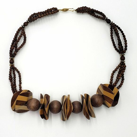 Wood Banded Striped Discs Round Beads Necklace Chunky Vintage Clasp Gold Tone - Picture 9 of 10